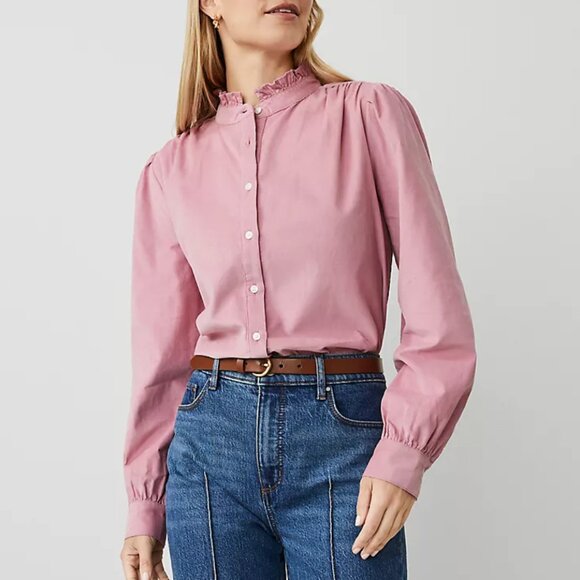 Ann Taylor Tops - Ann Taylor Weekend Top Women’s XL Ruffle Neck Button Down Corduroy Blouse Pink